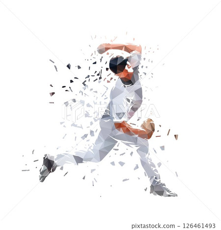 Baseball sport, baseball pitcher throwing ball, isolated low poly vector illustration with dispersion effect. Side view. Team sports Baseball sport, baseball pitcher throwing ball, isolated low poly vector illustration with dispersion effect. Side view. Team sports 126461493