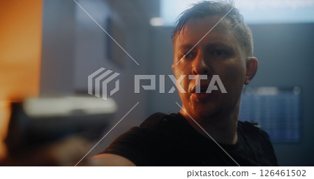 Action Movie Scene: Criminal Pointing the Gun, Talking to the Enemy 126461502