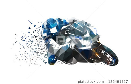 Motorbike racing, isolated low polygonal vector illustration with distortion effect. Motorcycle rider on road motorbike, motorcycle clipart 126461527