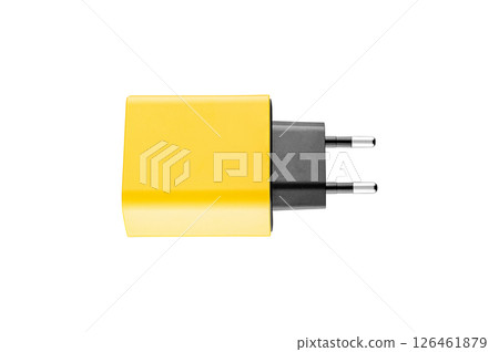 adapter for charger with USB and Type C connector, yellow, on isolated or white background 126461879