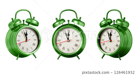 set collection retro clock, watch, pointer clock, Green color alarm clock on isolated white background set collection retro clock, watch, pointer clock, Green color alarm clock on isolated white background 126461932