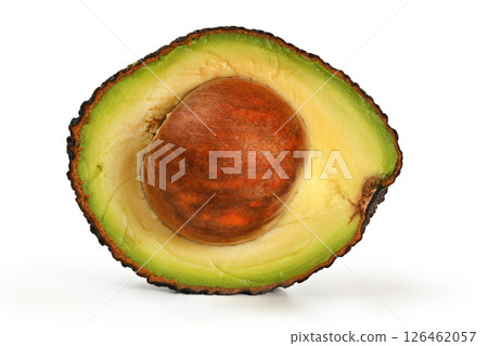 Avocado (hass or bilse variety) cut in half, seed still inside, closeup detail isolated on white background Avocado (hass or bilse variety) cut in half, seed still inside, closeup detail isolated on white background 126462057