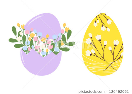 Easter egg and Cracked Eggshell with blossom twigs bouquet and decor Easter design element idea Set Easter egg and Cracked Eggshell with blossom twigs bouquet and decor Easter design element idea Set 126462061