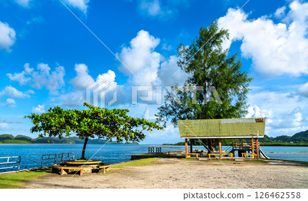 Peaceful coastal spot with shaded benches and a rustic pavilion overlooking the blue waters near the Koror - Babeldaob Bridge in Palau. Fluffy clouds and distant hills enhance the tranquil, tropical Peaceful coastal spot with shaded benches and a rustic pavilion overlooking the blue waters near the Koror - Babeldaob Bridge in Palau. Fluffy clouds and distant hills enhance the tranquil, tropical 126462558