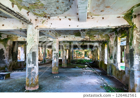 Interior view of the bomb-scarred Japanese Communications Center in Palau, a relic from World War II. Moss-covered columns, bullet holes, and decaying concrete highlight the structure's wartime damage Interior view of the bomb-scarred Japanese Communications Center in Palau, a relic from World War II. Moss-covered columns, bullet holes, and decaying concrete highlight the structure's wartime damage 126462561