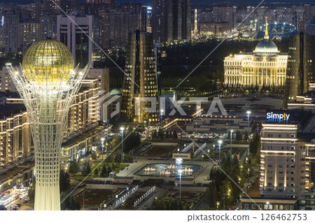 Kazakhstan, Astana - Night view of Bayterek and the Presidential Palace / Astana, Kazakhstan 126462753