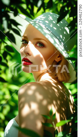 Woman with a stylish hat poses gracefully among lush green foliage Woman with a stylish hat poses gracefully among lush green foliage 126462790