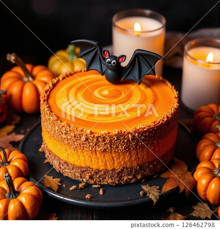 Delicious pumpkin cheesecake decorated with a bat and candles in autumn 126462798
