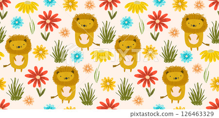 Cute summer seamless pattern with little orange lions, colorful grass and flowers. Funny childish crayon hand drawn safari cats print for kids design, wallpaper, textile, wrapping paper, background 126463329