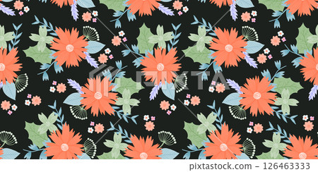 Beautiful dark contrast botanical seamless pattern with red and green stylized flowers bouquets with leaves. Cute Scandinavian floral print for textile, wrapping paper, surface, wallpaper 126463333