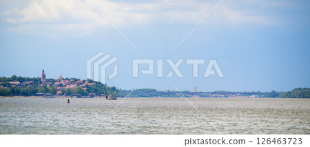 Panoramic view of Danube river and Zemun municipality of Belgrade, capital of Serbia 126463723