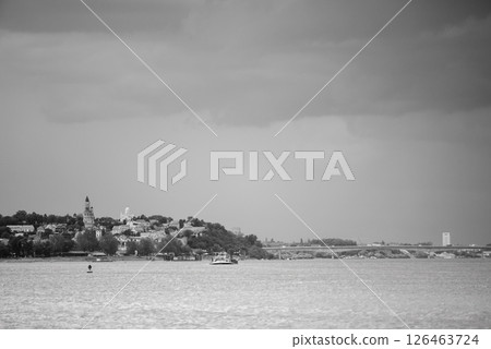 Panoramic black and white view of Danube river and Zemun municipality of Belgrade, capital of Serbia 126463724
