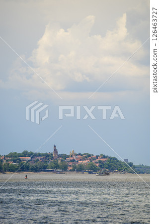 Vertical view of Danube river and Zemun municipality of Belgrade, capital of Serbia 126463727
