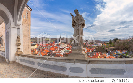 Cesky Krumlov viewpoint with statue, Cesky Krumlov, Czech Republic Cesky Krumlov viewpoint with statue, Cesky Krumlov, Czech Republic 126463942