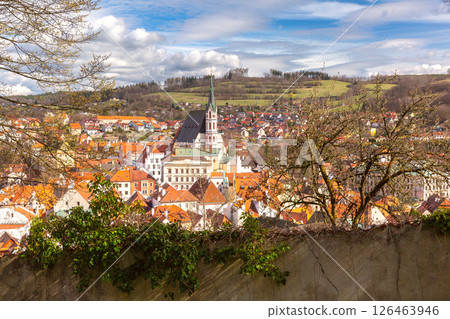Cesky Krumlov church and rooftops, Cesky Krumlov, Czech Republic 126463946
