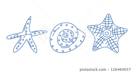 Marine elements doodle style set in blue la dolce vita. Italian style. Undersea world. Menu design of postcard and poster. Vector illustration. Marine elements doodle style set in blue la dolce vita. Italian style. Undersea world. Menu design of postcard and poster. Vector illustration. 126464057