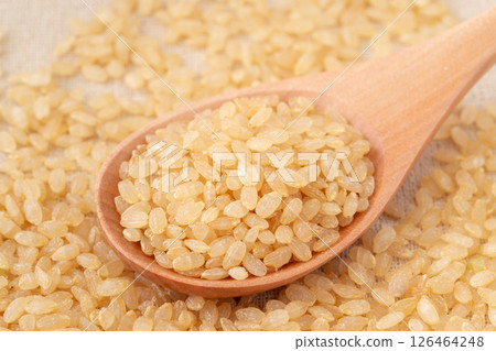 Close-up of germinated brown rice (uncooked rice) on a spoon Close-up of germinated brown rice (uncooked rice) on a spoon 126464248