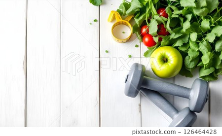 A white wooden table outdoors displays a dumbbell, fresh apples, and assorted vegetables, promoting health and weight loss 126464428