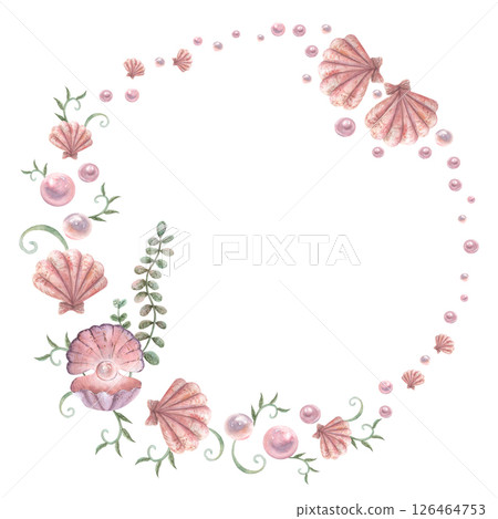Watercolor wreath, frame of pink shells, pearls and seaweed 126464753