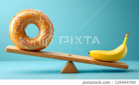 A balance scale featuring a donut and a banana, emphasizing the decision-making in health and weight loss diets A balance scale featuring a donut and a banana, emphasizing the decision-making in health and weight loss diets 126464760