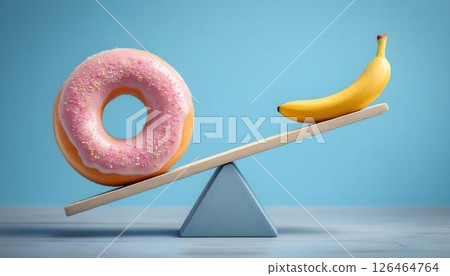 A donut and a banana balanced on a scale, symbolizing choices in weight loss and healthy dieting 126464764