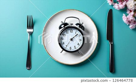 An alarm clock placed on a plate with a fork and knife, representing meal planning for health and diet goals 126464778