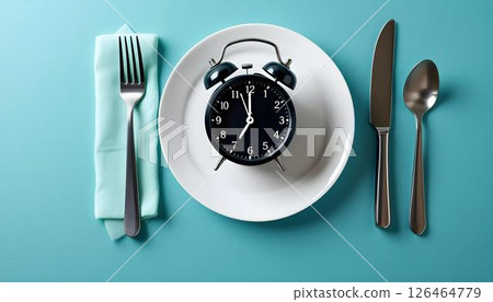 An alarm clock on a plate beside a fork and knife, symbolizing meal timing in a weight loss and health context 126464779