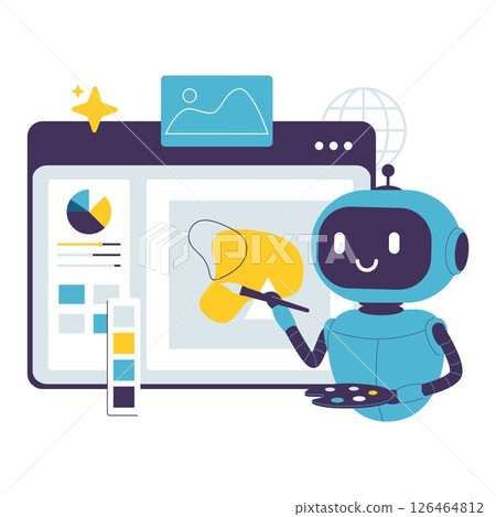 Flat Illustration of a AI Robot Creating Digital Art with a Paintbrush on a Computer Screen 126464812