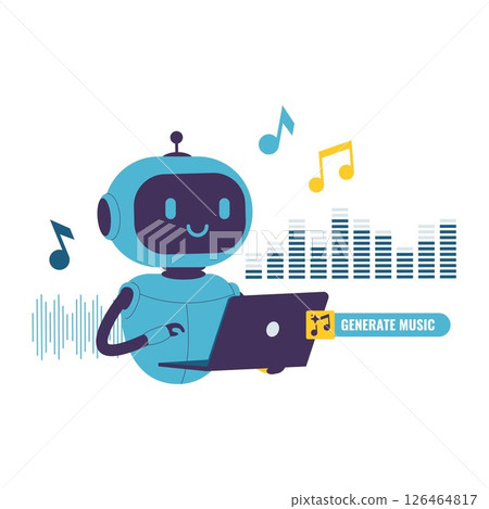 Flat Illustration of AI Robot Generating Music Using Laptop and Sound Visualization 126464817