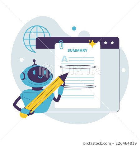Flat Illustration of AI Robot Generating Automatic Text Summaries on Digital Document Flat Illustration of AI Robot Generating Automatic Text Summaries on Digital Document 126464819