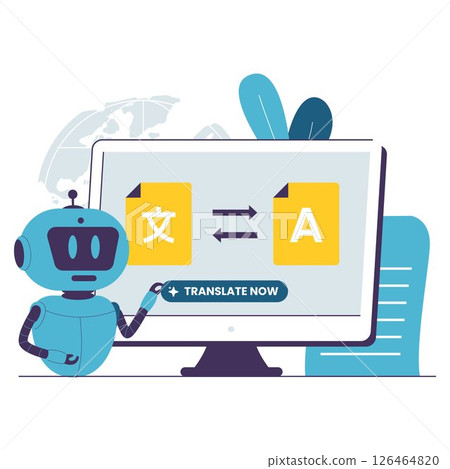 Flat Illustration of AI Robot Performing Automatic Language Translation Flat Illustration of AI Robot Performing Automatic Language Translation 126464820