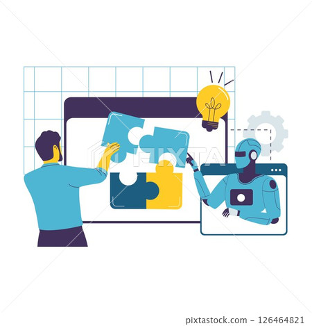 Flat Illustration of Human and AI Robot Collaborating to Solve a Problem Together Flat Illustration of Human and AI Robot Collaborating to Solve a Problem Together 126464821