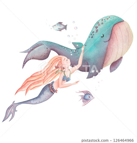 Watercolor mermaid with cute whale and fish in blue, ready print. Illustration of children linen or kids textiles. Drawing for nursery wall. Watercolor mermaid with cute whale and fish in blue, ready print. Illustration of children linen or kids textiles. Drawing for nursery wall. 126464966