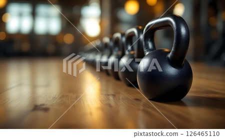 Various kettlebells displayed on a wooden floor, set in a gym environment for fitness and boxing workouts 126465110