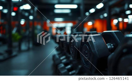 A gym interior featuring dumbbells in the background, highlighting a fitness environment for boxing and crossfit workouts 126465141