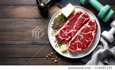 A plate of meat and eggs with additional ingredients, set in a gym, representing a healthy meal for bodybuilders and fitness enthusiasts 126465143