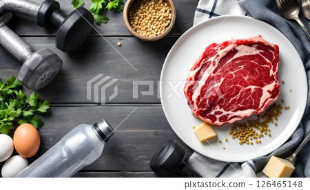 A plate with meat, eggs, and other healthy ingredients, positioned in a gym environment, emphasizing fitness and nutrition A plate with meat, eggs, and other healthy ingredients, positioned in a gym environment, emphasizing fitness and nutrition 126465148