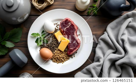 A nutritious plate featuring meat and eggs, placed in a gym setting, highlighting a healthy diet for bodybuilders 126465151
