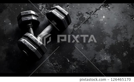A black background features two dumbbells, essential equipment for boxing, crossfit, and overall fitness training 126465170