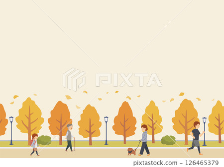 Background illustration of ginkgo trees and passersby 126465379
