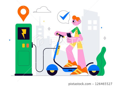 Electric Scooter Rental Service Vector Illustration featuring Transportation You Can Rent for a Quick and Eco Friendly Ride in a Flat Style Background 126465527