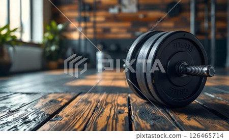 A pair of dumbbells on a wooden gym floor, highlighting a space for workouts and bodybuilding 126465714