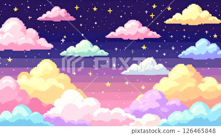 像素藝術風格、奇幻雲朵和星星插畫背景 126465848