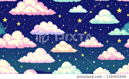 像素藝術風格、奇幻雲朵和星星插畫背景 像素藝術風格、奇幻雲朵和星星插畫背景 126465849