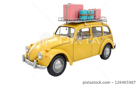A yellow retro car with luggage on top, set against a transparent background, evokes summer beach vacation vibes 126465987