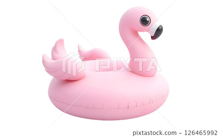 A pink flamingo swim ring drifts on a transparent background, making it the perfect addition for summer beach getaways and poolside enjoyment 126465992