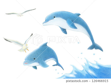 Seagulls and jumping dolphins - colored pencil drawing Seagulls and jumping dolphins - colored pencil drawing 126466915