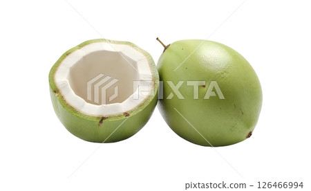 Vibrant green coconuts displayed against a transparent background, perfect for a summer beach getaway theme 126466994