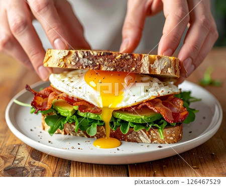 Melty egg yolk avocado bacon sandwich cutscene 126467529