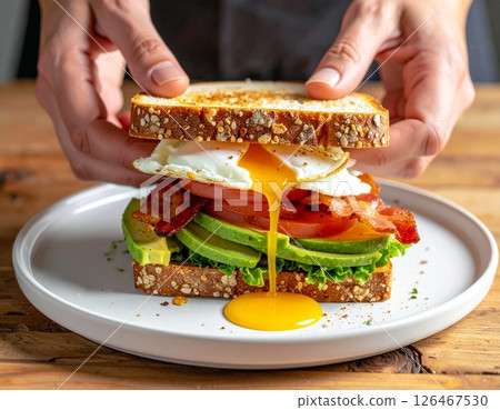 Melty egg yolk avocado bacon sandwich cutscene 126467530